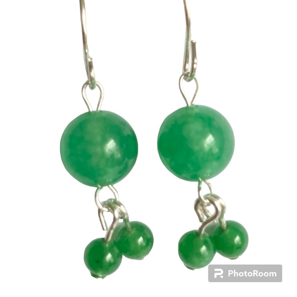 Green Jade Stone Earrings Silver Plated Dangle Round Bead Malaysian Light 2-6mm